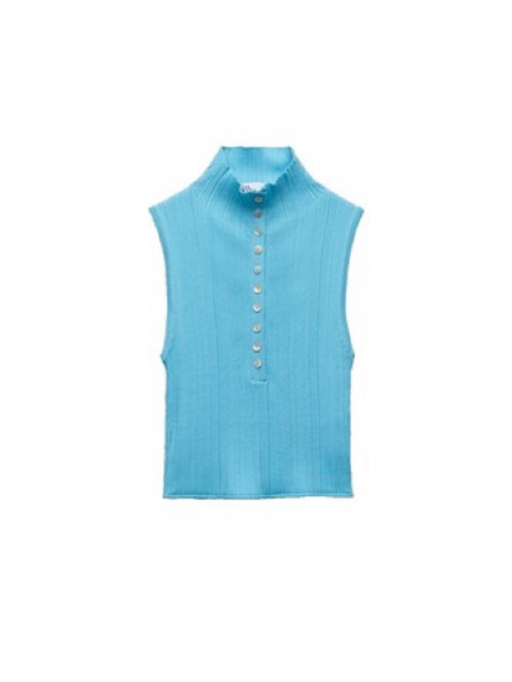 Zara Sky Blue Ribbed Sleeveless Mock Neck Tank with Buttons